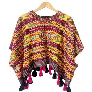 Multicolor Woven Embroidered Floral Women's Blouse With Tassel Trim